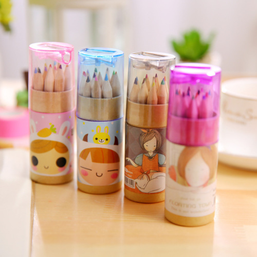 Factory Wholesale Creative Cartoon Color Barrel Pencil Learning Stationery Supplies Kindergarten Gift 12 Color Small Color