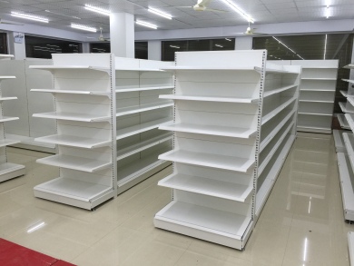 超市白色铁金属背板层板货架