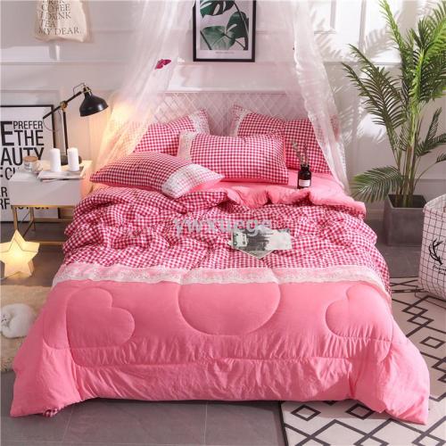 yarn-dyed washed cotton summer quilt lace korean pink four-piece quilted washed summer quilt