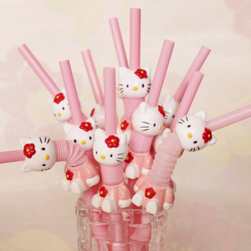 Super Cute Hello Kitty Retractable Curved Cartoon Straw Pink KT Drinking Straw wholesale 