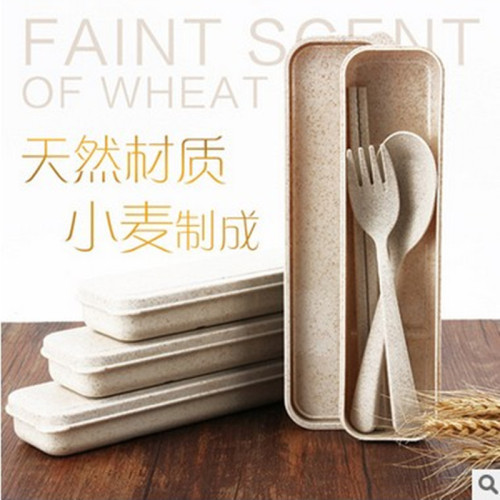 wheat straw tableware set environmentally friendly non-toxic spoon fork three-piece portable tableware travel set can be customized