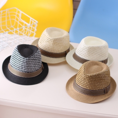 草帽 男童遮阳帽子儿童手编礼帽男孩夏凉帽爵士帽