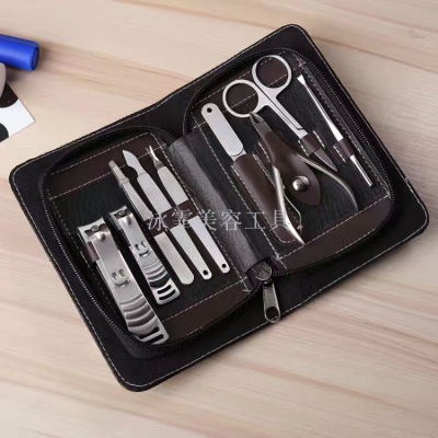 Manicure set 9 pieces of stainless steel face nail clippers to die leather tool.