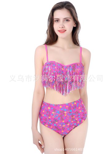 Swimsuit Foreign Trade New Sexy High Waist Tassel Floral Slimming Printed Split Swimsuit Nylon Quality Factory Direct Sales