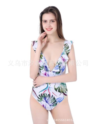 Bikini Foreign Trade New Sexy Flounced Printed V-neck Belly Covering Slimming Swimsuit Nylon Quality Factory Direct Sales