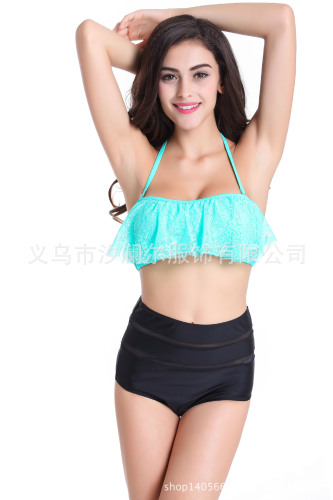 Swimsuit Foreign Trade New Sexy Pure Color Ruffles High Waist Slimming Split Swimsuit Nylon Quality Factory Direct Sales