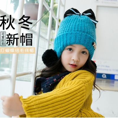 Girls' baby hats in winter with fleece earmuffs, bright bow-hair hats, children's double-ball earmuffs