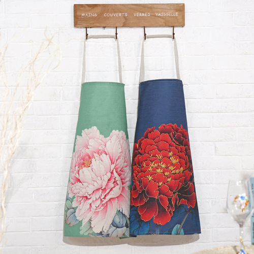 New Korean Style Cotton Linen Sleeveless Apron Peony Printed Letters Fashion Oil-Proof Clothing Kitchen Department Store Wholesale