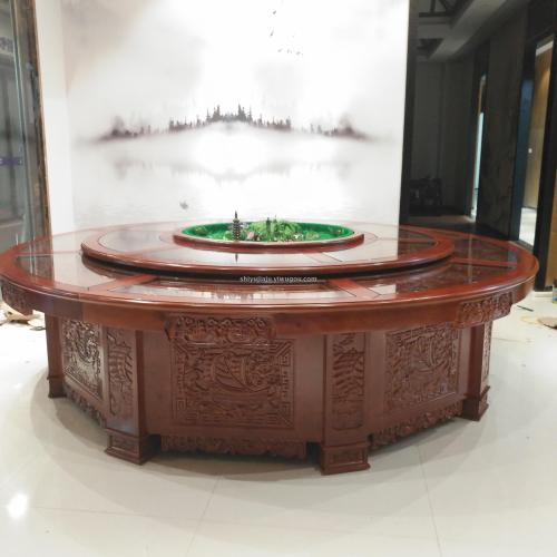 hangzhou hotel solid wood electric dining table vintage solid wood carved music fountain dining table and chair customized