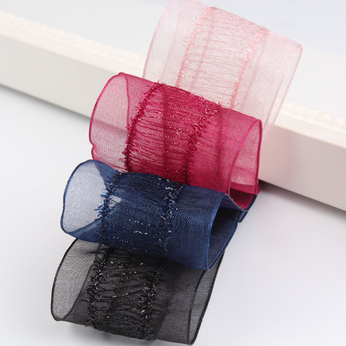 Korean New Double Line Bright Silk Horizontal Pattern Organza Tape DIY Hair Bow Ribbon Transparent Short Onion Silk Mesh