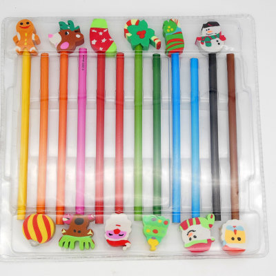 twelve pencil with cartoon christmas eraser set for kids 