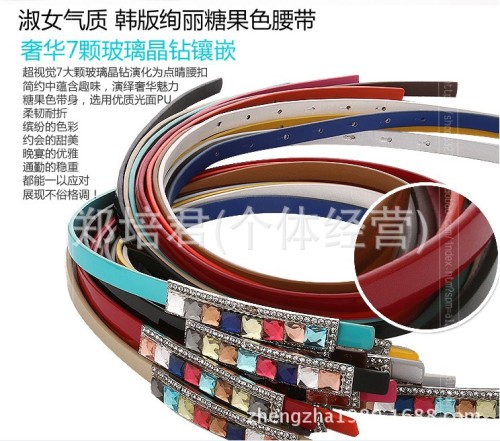 Korean Rhinestone Inlaid Fashion Lady Belt Candy Color Patent Leather All-Match Women‘s Decorative Belt Pant Belt 