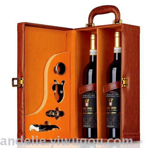 Wood Grain Color Simple Red Wine Double Leather Box Gift Set
