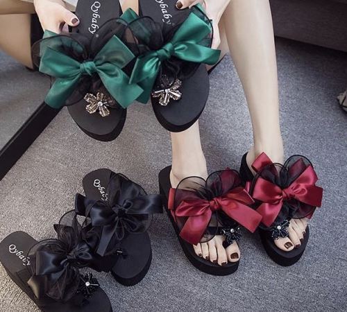 14cm Mesh Bow + Printed Pattern Bow Women‘s Slippers Sandals Platform