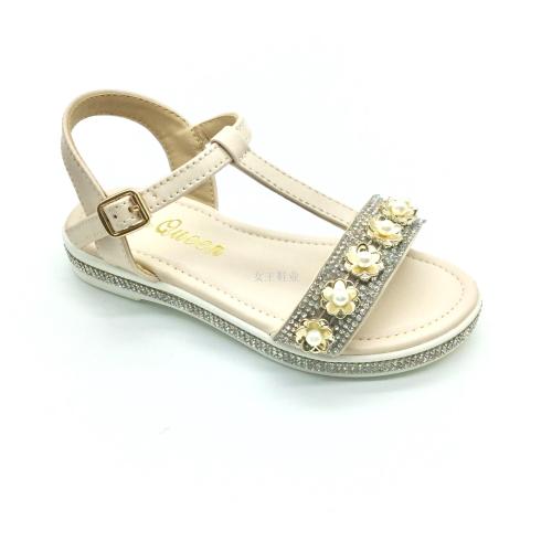 New Foreign Trade Beige Children‘s Shoes Side Diamond Inlaid Floral Decorations Girls‘ Summer Sandals