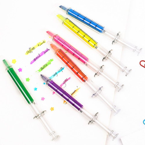 Syringe Shape Fluorescent Pen Hatching Pen Key Eye-Catching Marker Marking Pen Color Office Student Stationery Wholesale