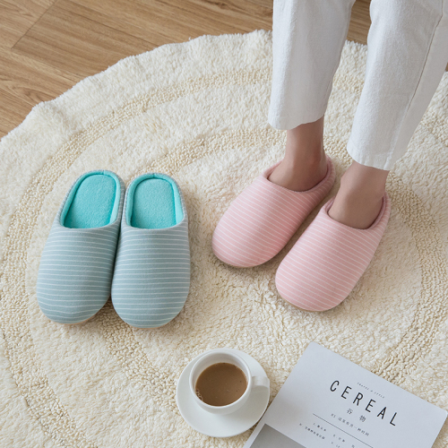 [Spot] Japanese Style Mute Striped Couple Cotton Slippers Non-Slip Warm Wooden Floor Winter Slippers