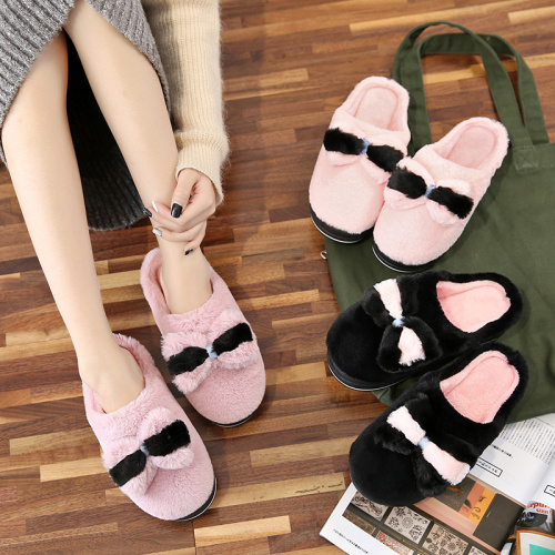 [Spot] Indoor Warm Slippers Women‘s Winter Muffin Bottom High Heel Height Increasing Non-Slip Bow Home Cotton Slippers