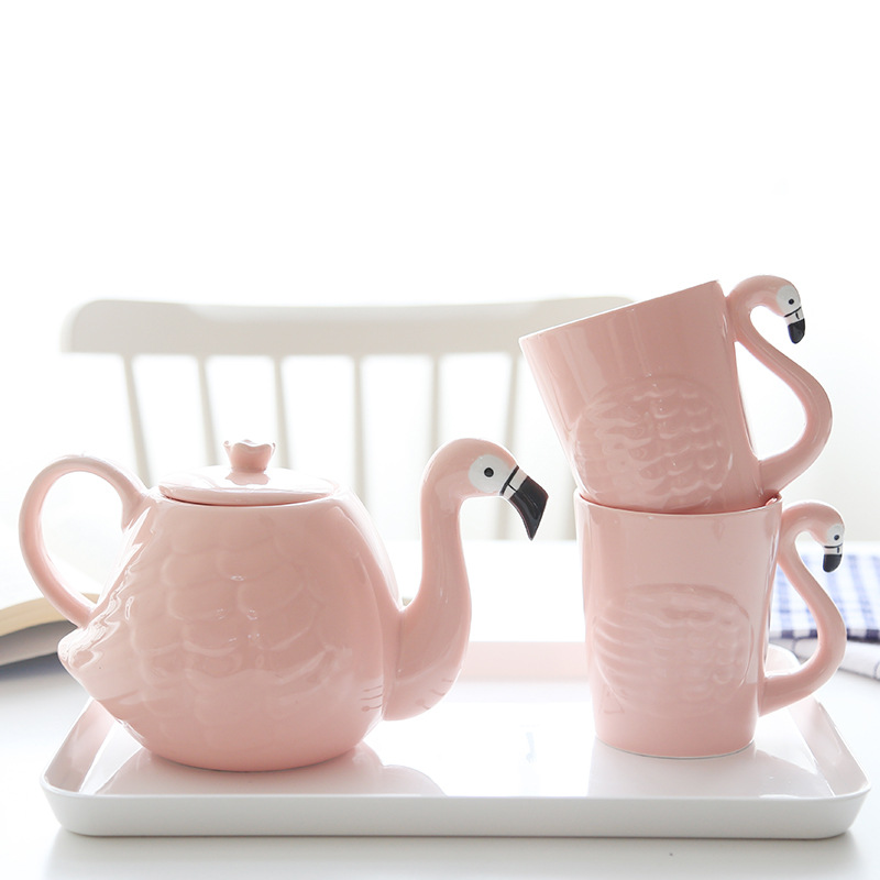 粉色火烈鸟茶壶套装创意卡通陶瓷杯两杯一壶日用百货陶瓷茶水壶
