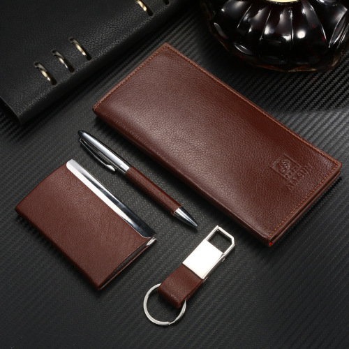 Men‘s Long Business Wallet Business Card Case Keychain Set Genuine Leather Gift Wallet Signature Pen Advertising Customization