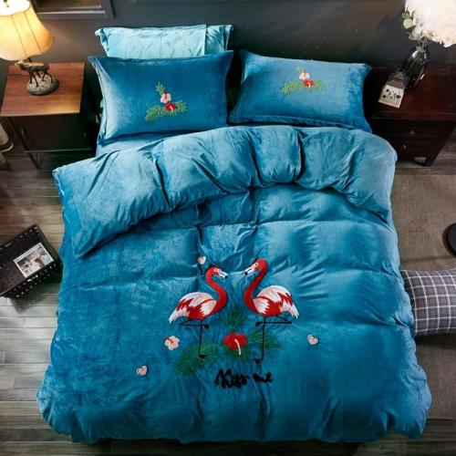 ywxuege crystal velvet exquisite towel embroidery four-piece winter thermal bedding-flamingo sapphire blue