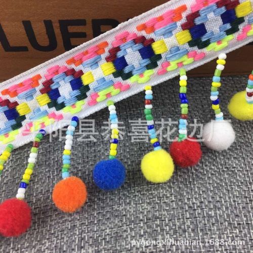 [Factory Direct Sales] Supply New Ethnic Belt Handmade Tassel Lace Handmade Beaded Fur Ball Lace