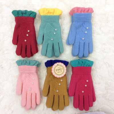 Manufacturer direct selling winter color fashion children warm five finger pearl gloves students whole finger wholesale