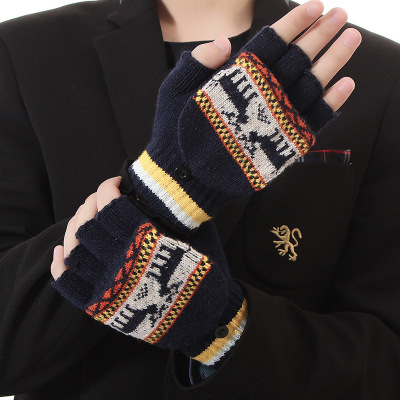 Men's new winter deer jacquard flap half finger writing bag refers to warm knit gloves
