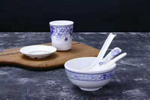 Melamine Tableware Imitation Porcelain 100% Melamine Palte in Blue and White Oval Saucer Tea Cup Sauce Small Plate Small Spoon