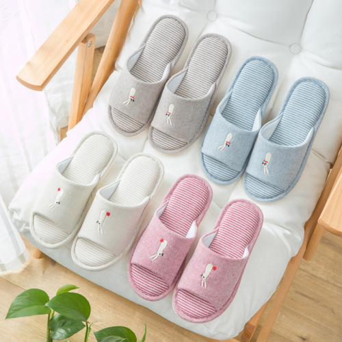 Simple Japanese and Korean Cotton and Linen Stripes Open Slippers Men and Women Couple Non-Slip Soft Bottom Indoor Home Cotton Slippers Factory Batch