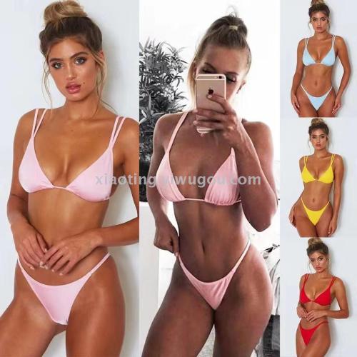 bikini foreign trade new sexy european and american three-point solid color women‘s split swimsuit nylon quality factory direct sales
