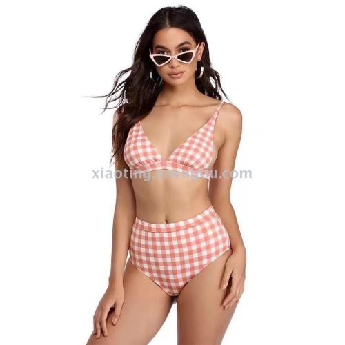 bikini foreign trade new sexy retro plaid high waist ladies split swimsuit nylon quality factory direct sales