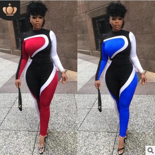 European and American Style Sexy Women‘s Wear Cross-Border Amazon EBay Classic Color Matching Long Sleeve Tight Sports Jumpsuit Autumn