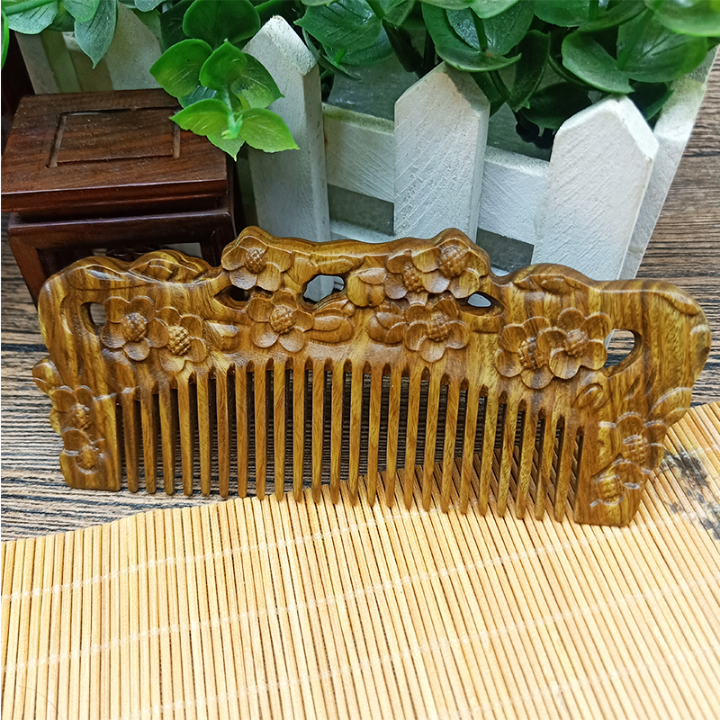 天然绿檀木梳子檀木雕刻梅花梳细粗齿梳桃木梳美发梳按摩梳定制