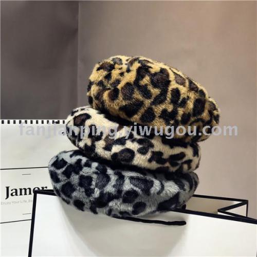 european and american fashion leopard print beret women‘s autumn and winter mink velvet knitted painter hat ins hong kong style korean style all-matching hat