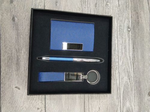 business card case + metal pen + long leather keychain