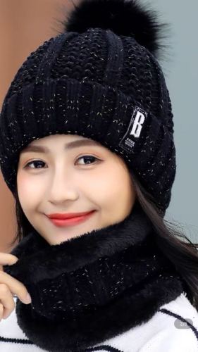 hat + scarf korean style autumn and winter woolen hat versatile student cycling warm fleece-lined fashion knitted hat