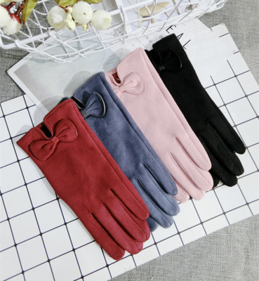 Korean new touch screen gloves of the five fingers division about the opening suede gloves bow thickened gloves