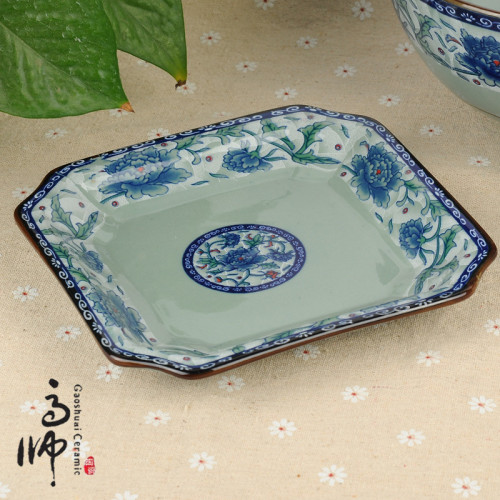 7.5-Inch Square Plate Fruit Plate Wholesale Celadon Peony Ceramic Snack Plate Classic Gift Plate in Stock