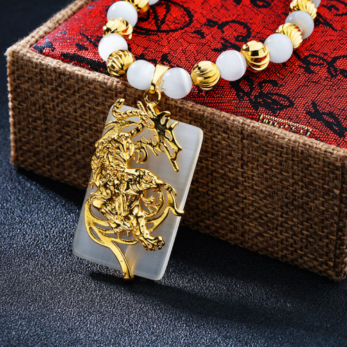 foreign trade supply gold-plated tiger opal necklace tiger under imitation jade gold-wrapped jade pendant domineering men‘s item