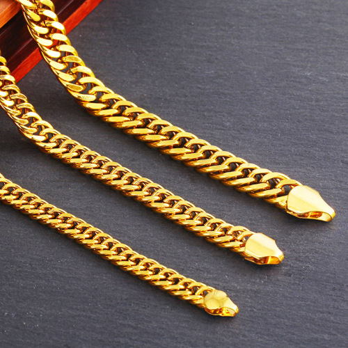 Popular 6mm-10mm Glossy Double Buckle Gold Plated Men‘s Necklace Vietnam Placer Gold Domineering Big Flat Chain Wholesale