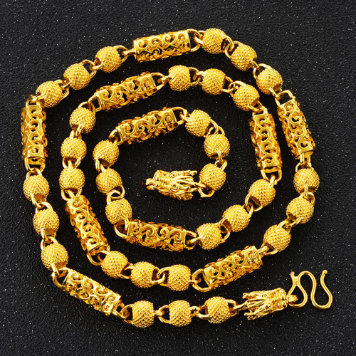factory direct plated 24k gold domineering dragon head buddha beaded necklace men‘s fashion vietnam sand gold hollow cylindrical chain