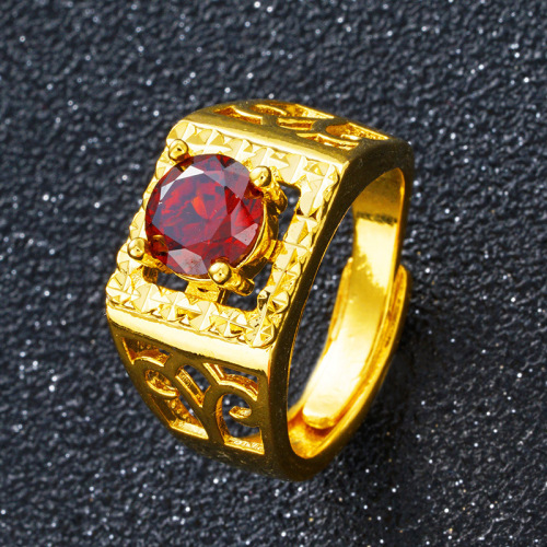 Domineering Hot-Selling Brass Plated 24K Alluvial Gold Zircon Ring Cross-Border Supply Long Time Non-Fading Inlaid Gem Man‘s Ring 
