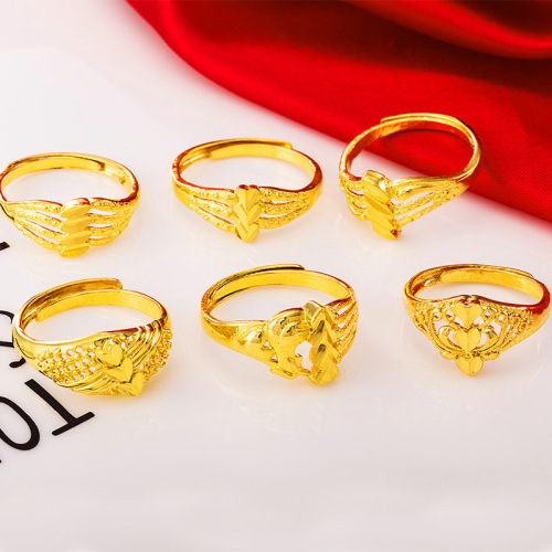 Hot Sale Vietnam Placer Gold Open Women‘s Ring Imitation Gold Glossy Starry Love Heart Flower Ring No Color Fading
