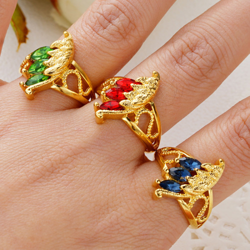 European Gold-Plated Wing Inlaid Gemstone Ring Brass Gold-Plated Inlaid Gemstone Ring Fashion Live Crystal Ring