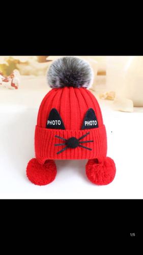 winter hot sale children‘s beard cat wool hat 1-3 years old baby knitted hat boys and girls warm ear protection