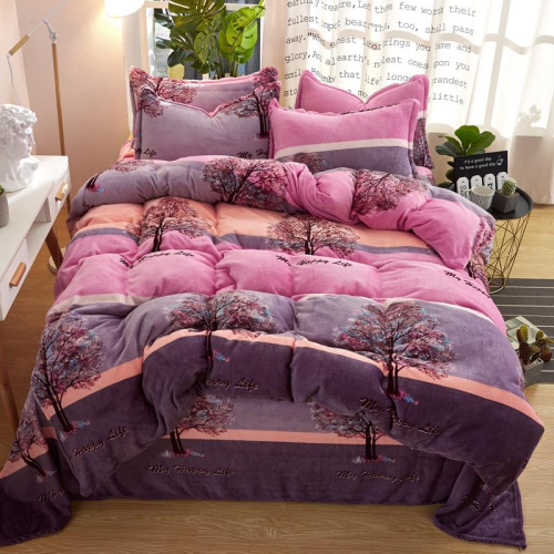 autumn and winter new flannel four-piece set fashionable simple double-sided flannel thickened warm four-piece set-purple lily