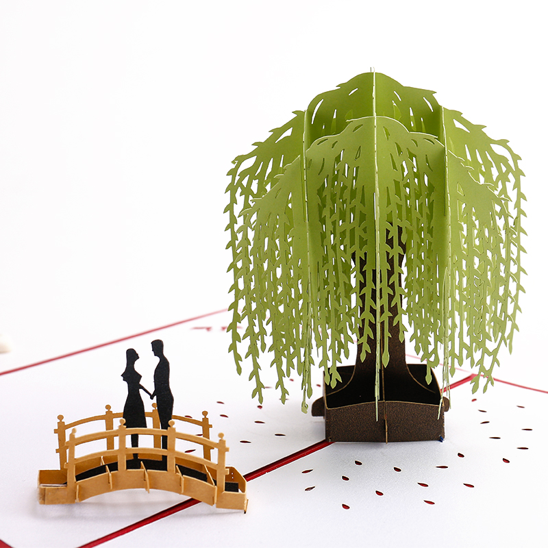 3d立体贺卡手工纸雕外贸复古林立体柳树风景创意建筑纸雕镂空贺卡