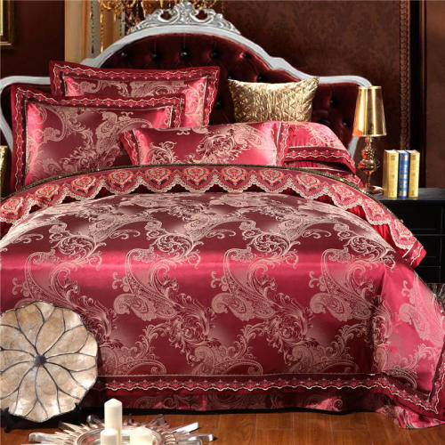 Yiwu Snow Pigeon Home Textile New Lace Style Hemp Selle Tribute Silk Jacquard Four-Piece Set-Brocade Luxury Sauce Red
