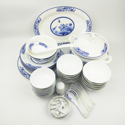 Jingdezhen Bone Blue and White Porcelain 56-Head Chinese Ceramic Tableware Bowl Dish & Plate Set Exquisite Lotus Pond Moonlight Gift